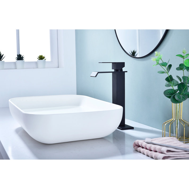 Waterfall Spout Bathroom Sink Single Handle Faucet With Pop-Up Drain (No Overflow), Matte Black