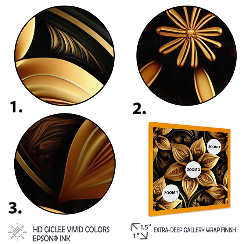 «Golden Lily On Black II», art floral sur toile, H 16 po x l 16 po x P 1 po, Impression dorée sur toile encadrée