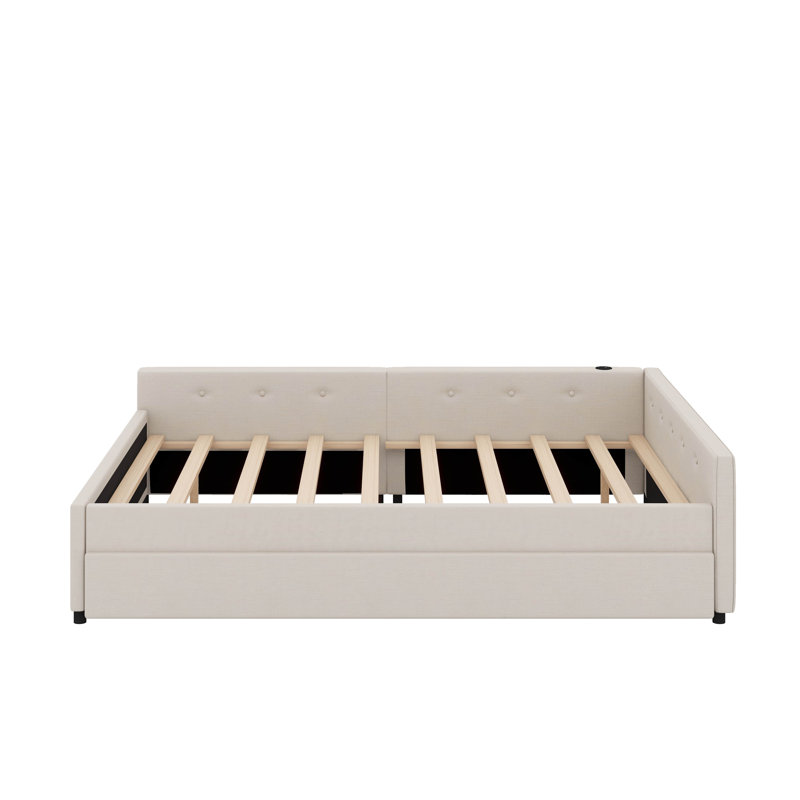 Upholstered Platform Bed With USB And Trundle, Queen