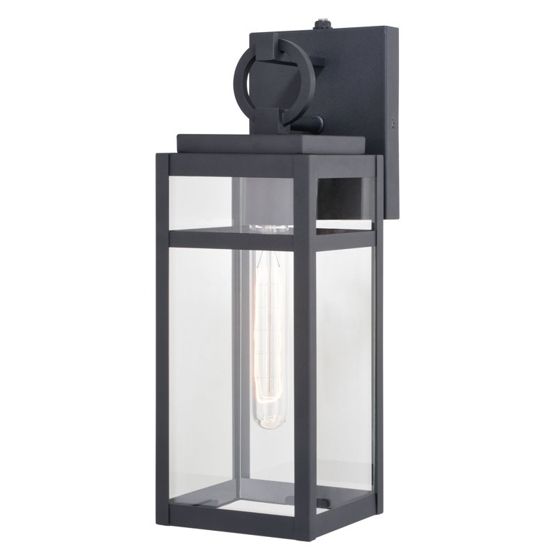 Toisha 15.25 in. H 1-Light Textured Black Dusk to Dawn Sensor Outdoor Wall Sconce, Durable Metal, Clear Glass Shade, LED Compatible for Exterior Porch Patio Front Door or Garage