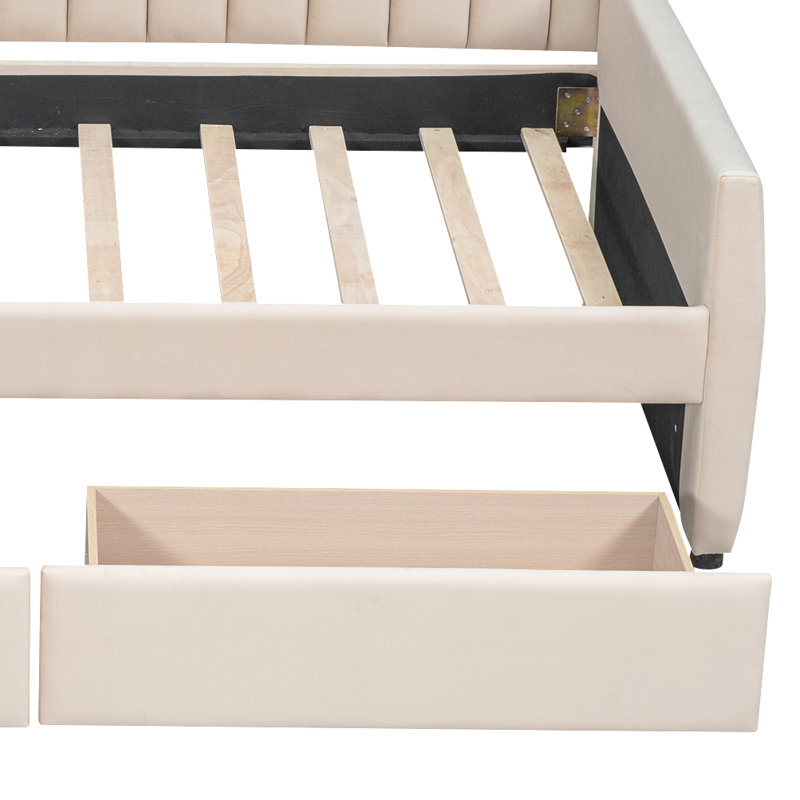 Lit de jour rembourré de style moderne avec deux tiroirs Rejina pour la chambre à coucher et le salon, Beige, Lit simple