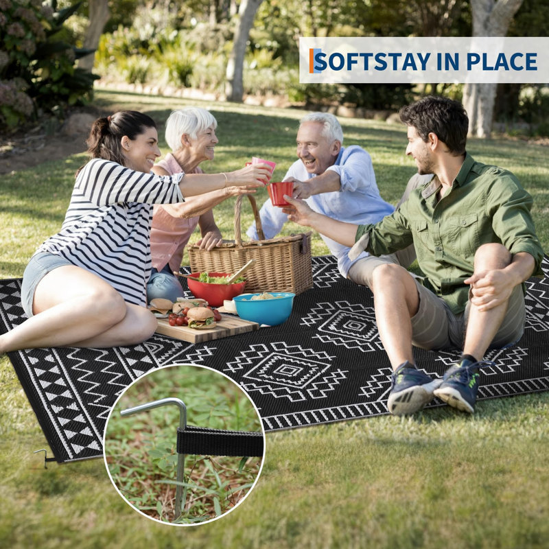 Large Outdoor Rug 9x18 Waterproof Lightweight Portable Outdoor Mat UV Resistant Plastic Straw Patio Rug Modern Reversible Foldable Camping Carpet for RV, Balcony, Picnic, Black & White