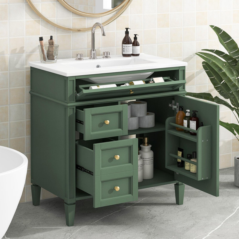 Meuble-lavabo simple 30 po avec lavabo supérieur, Vert, Doré