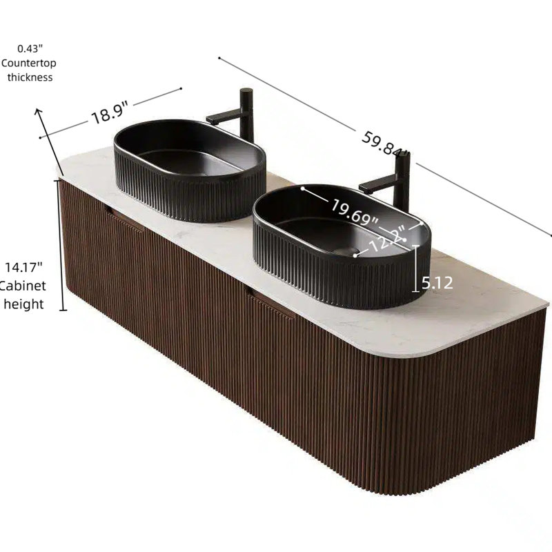 Meuble-lavabo moderne de 60 po avec 2 vasques en céramique noire, noyer foncé, pré-assemblé, rangement spacieux, tiroirs à fermeture en douceur, finition rayée 3D, lavabo de haute qualité, lavabos ovales de comptoir, mur