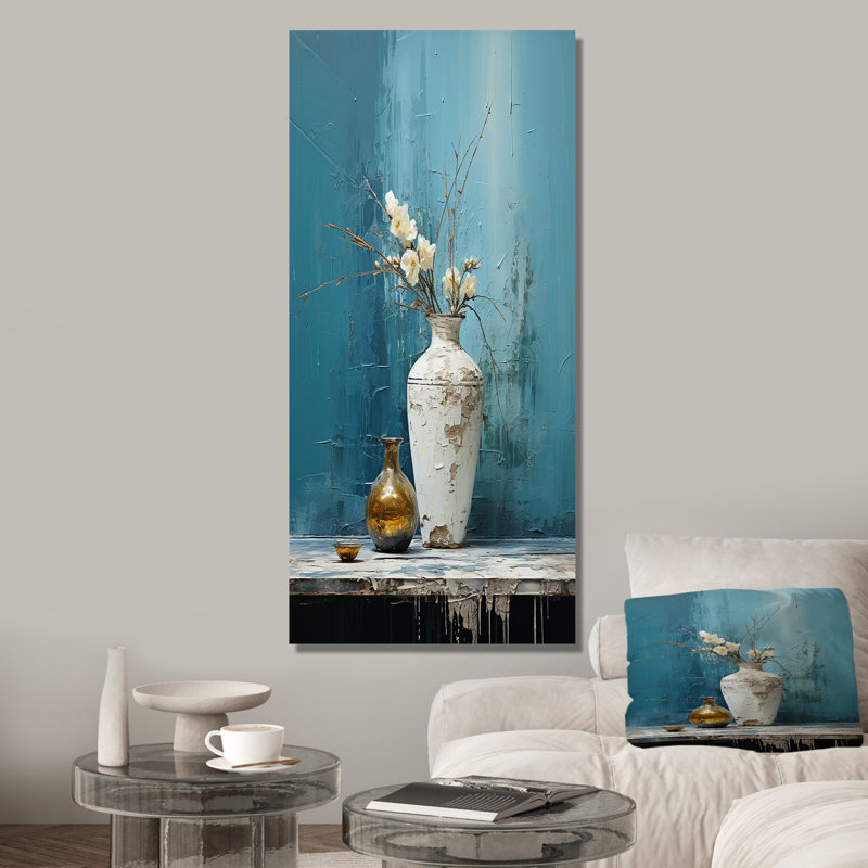 Vase de poterie bleu et blanc Boho, Toile tendue, H 60 po x l 28 po x P 1,5 po