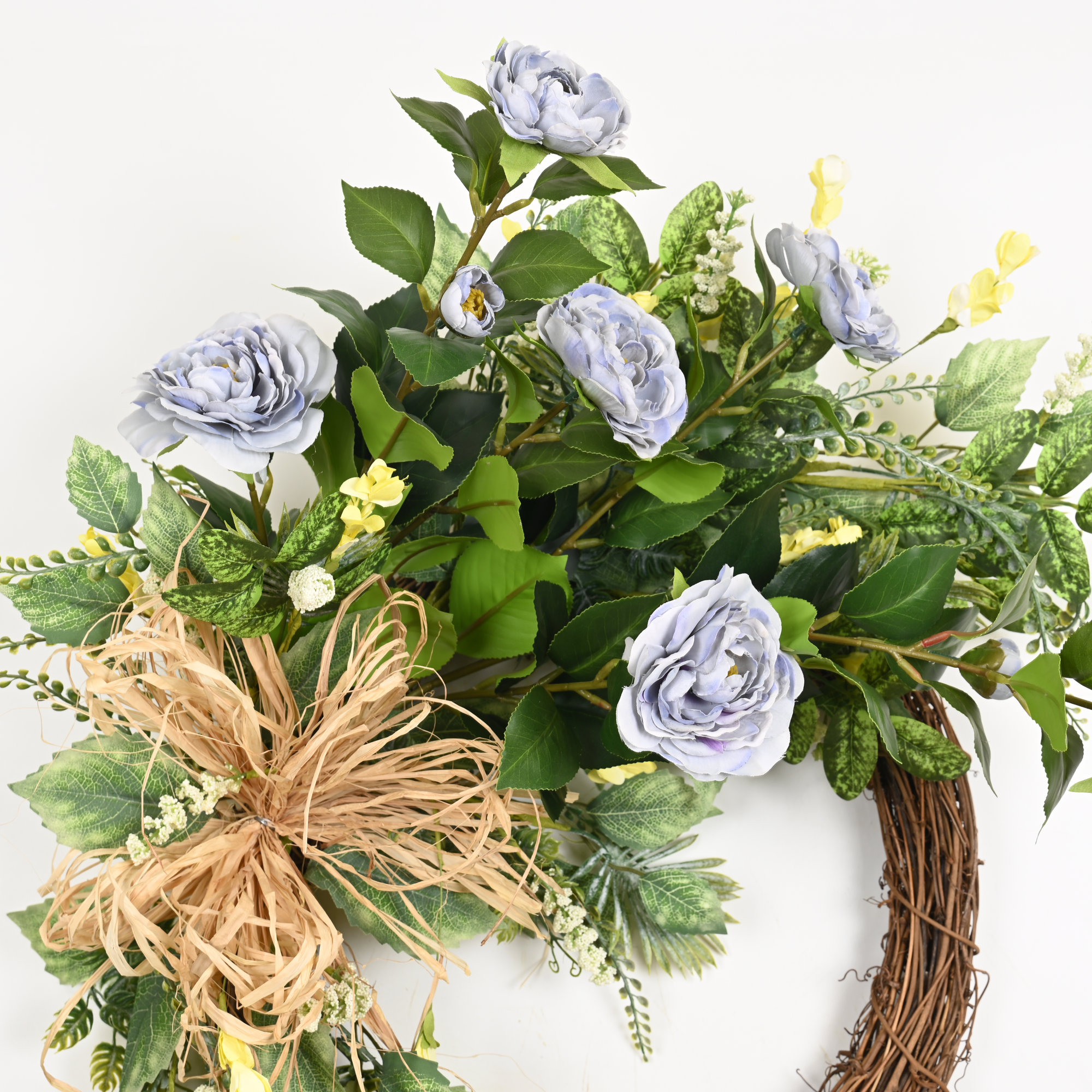 24" Artificial Farmhouse Spring Summer Greenery Leaves Berry Peony Floral Wreath For Front Door, Gray/Green