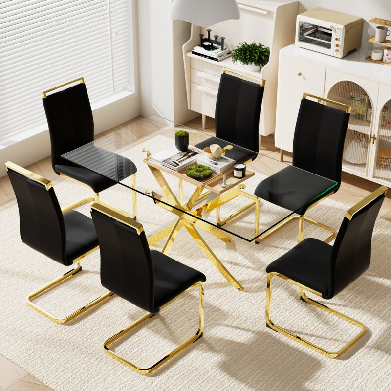 7 tables rectangulaires en verre trempé de 63 pièces avec 6 chaises rembourrées en polyuréthane, Noir / or, Doré