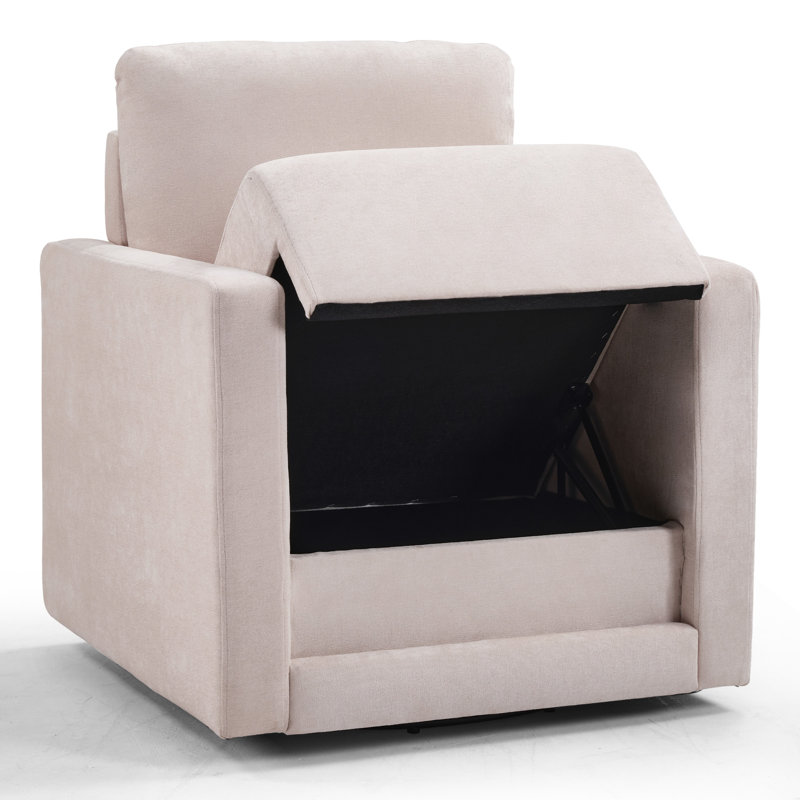 29.55" Wide Modern Chenille Swivel Accent Chair With Storage Seat, Beige