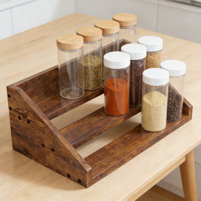 3-Tier Wooden Spice Rack Organizer For Kitchen Cabinet Or Countertop, Sturdy Display Shelf For Spice Jars, Condiment Bottles, And Pantry Storage With Guard Rails