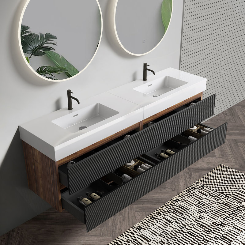 Meuble-lavabo avec tiroirs, meuble-lavabo mural flottant pour salle de bain, Blanc