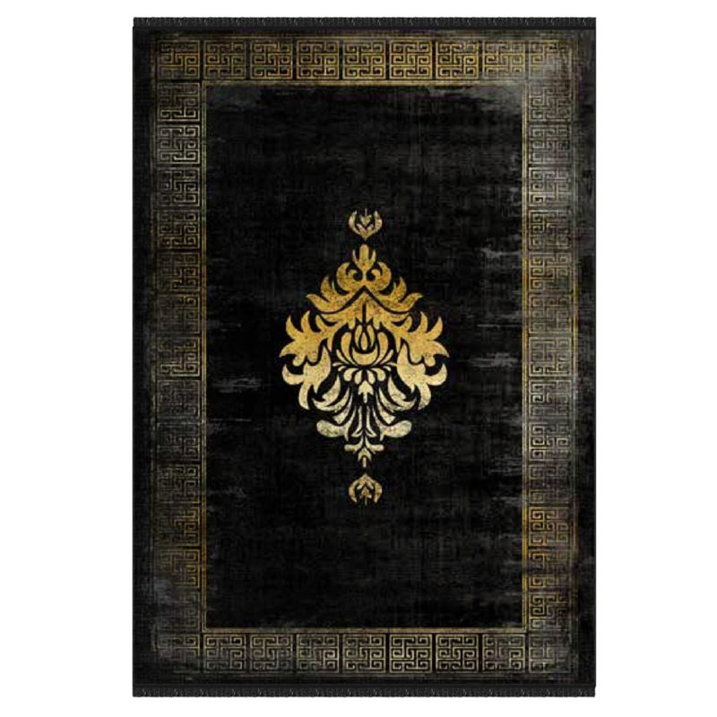 Tapis en polyester et en coton tissés à la machine à motif damassé noir et or Emelia, Rectangle 3 pi 4 po x 6 pi 7 po