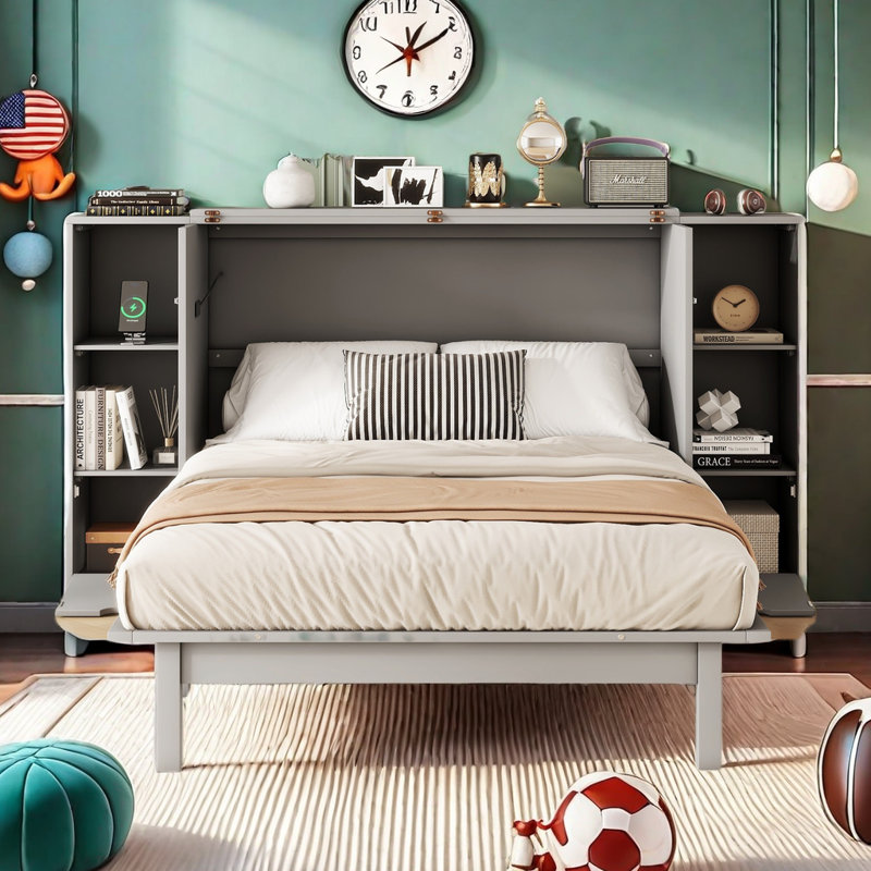 Lit escamotable double avec tablettes, tiroirs et ports USB, Double, Gris