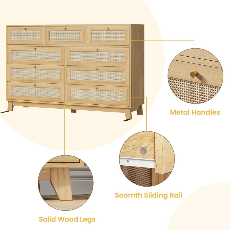 Rattan 9 Drawers Dresser , Natural