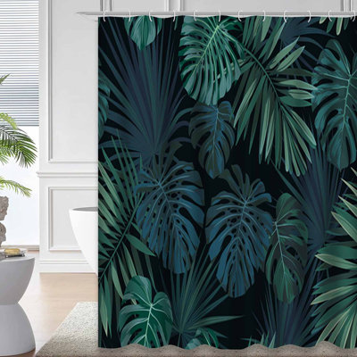 Rideau de douche à motif de feuilles de palmier tropical foncé vert foncé avec 12 crochets