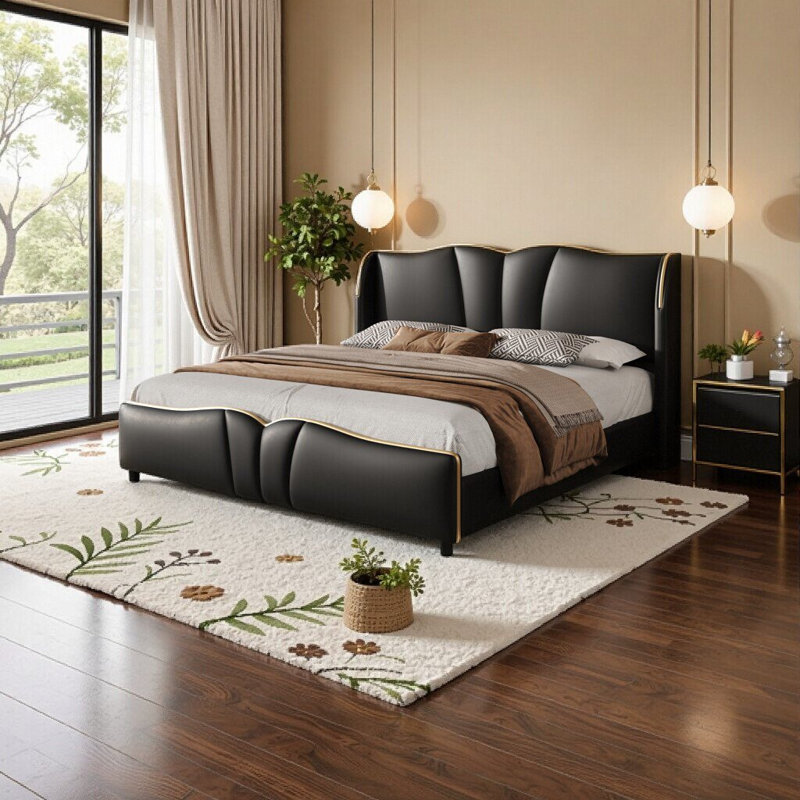 Élégante structure de lit tapissier en cuir grand format avec tête de lit à oreilles et pied de lit ondulé - Lit plateforme moderne sans sommier, noir