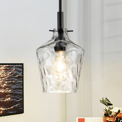 Matte Black 1-Light 7.87"W Glass Pendant, Adjustable Rod for Kitchen Island, Over Sink