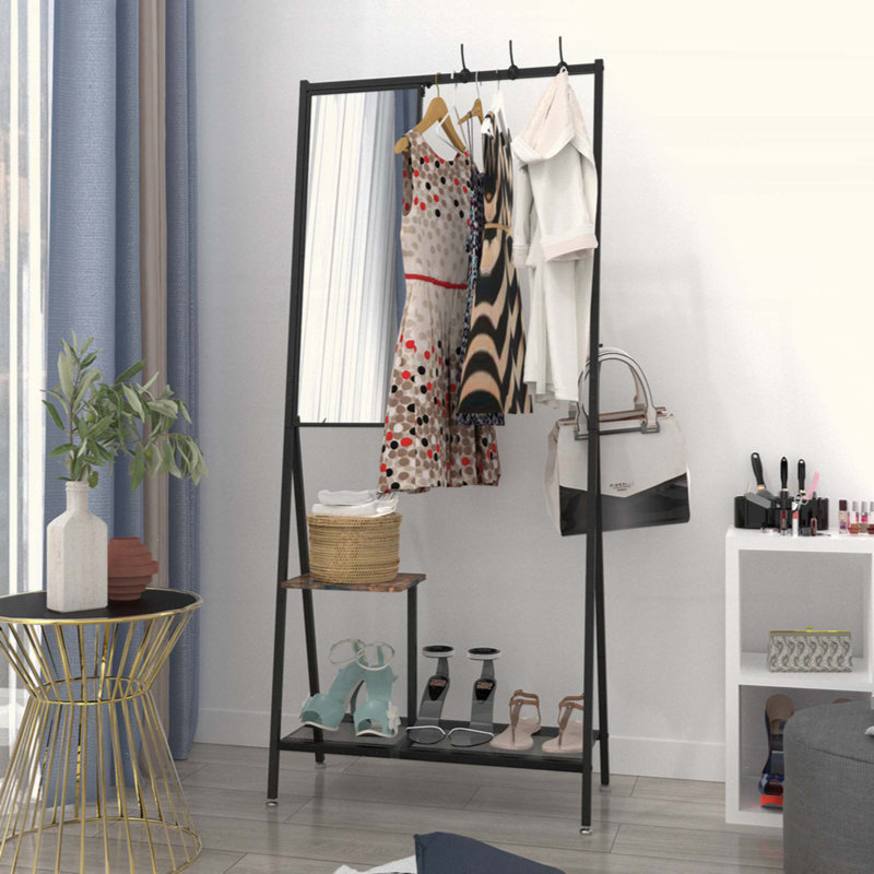 Portemanteau de style industriel avec miroir, portemanteau mural multifonctionnel avec rangement pour chaussures et cadre en aluminium pour entrée, salon, chambre à coucher