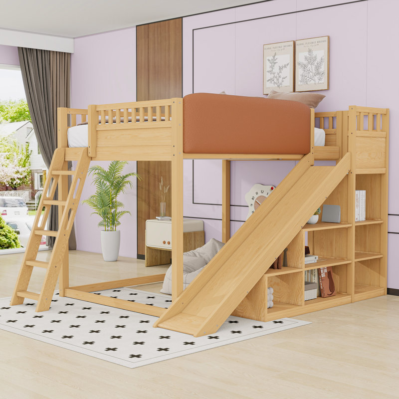Lit mezzanine en bois avec tablettes, glissade et garde-corps, Grand, Naturel