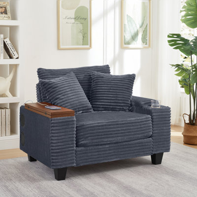 Corduroy Storage Armrest Sofa,Single Versatile Seat with Ottoman,Cup Holder,Bluetooth Speaker,USB Ports,180°Rotating Table Board
