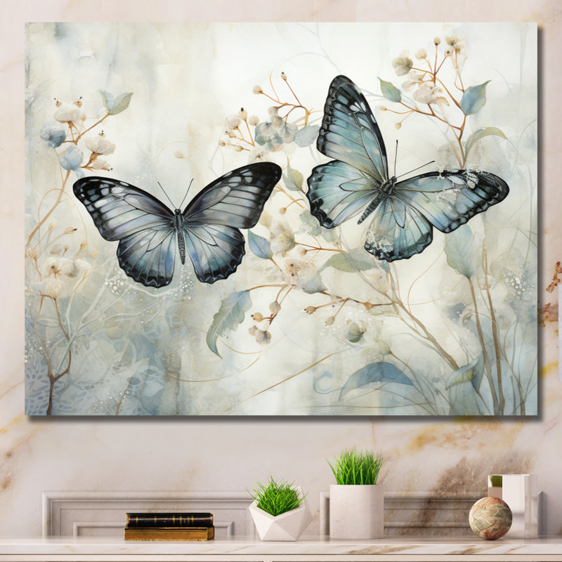 «Blue Beige Butterfly Wings Of Serenity», art sur toile papillon, H 24 po x l 32 po, Toile tendue, Sans cadre