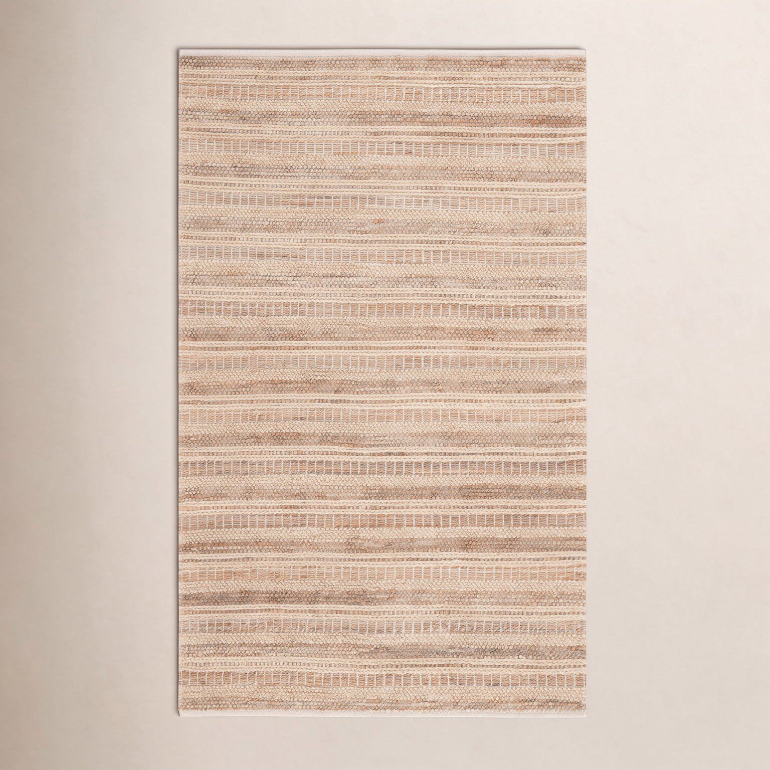 Brown Beige Hand-Woven Striped Wool Rug, Rectangle 3' x 5'