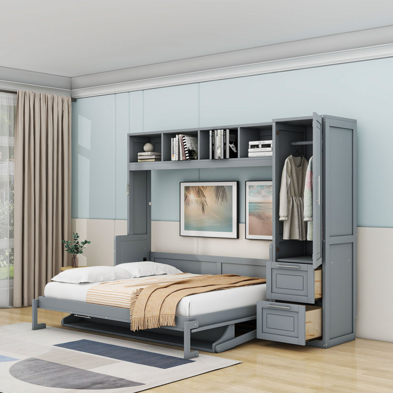 Nodine Wood Murphy Bed with Shelves and Drawers, Queen, Gray