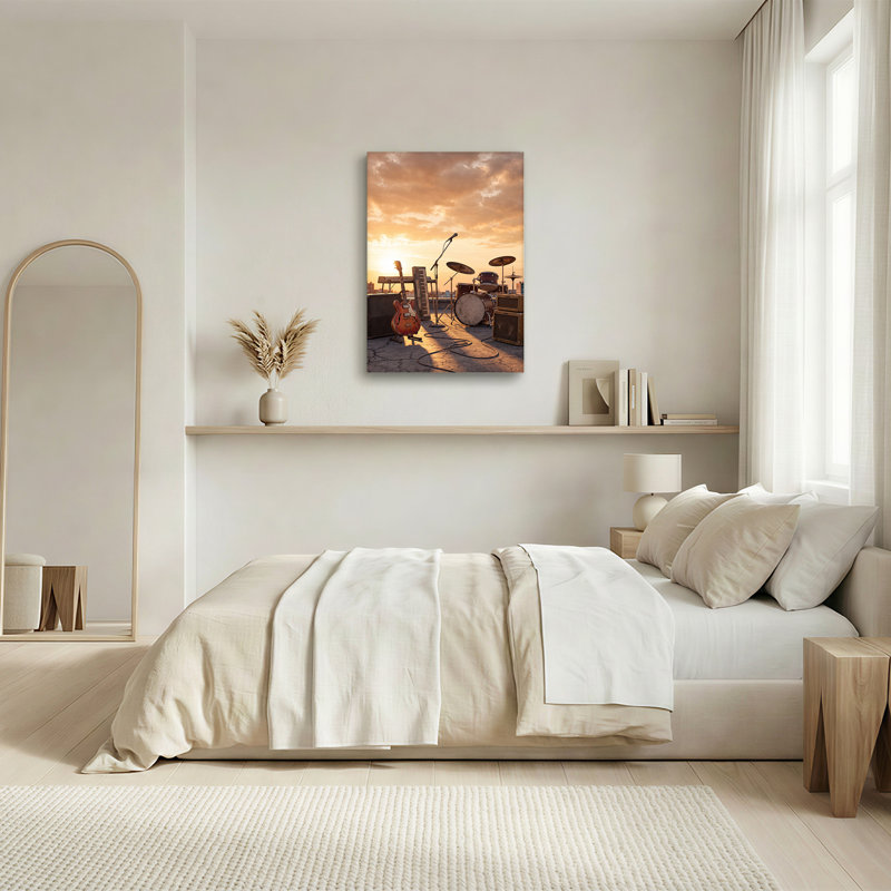 Toile rétro, ensemble de batterie et de batterie sur le toit au coucher du soleil, H 36 po x l 24 po