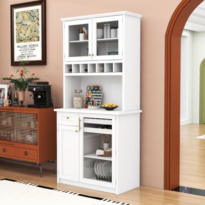 Tall Freestanding Kitchen Pantry Cabinet with Wine Rack, Adjustable Shelves and Tempered Glass Doors by Lark Manor