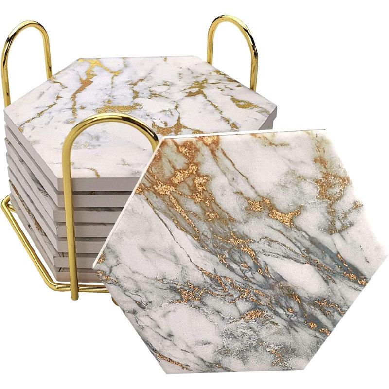 8-piece Gold Marble Ceramic Coaster Set With Holder