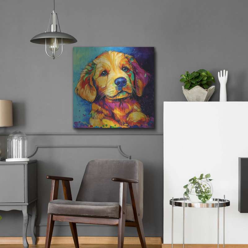  «Wouf Golden Retriever» par Rich Monet, art mural en métal, 24 po x 24 po, H 24 po x l 24 po