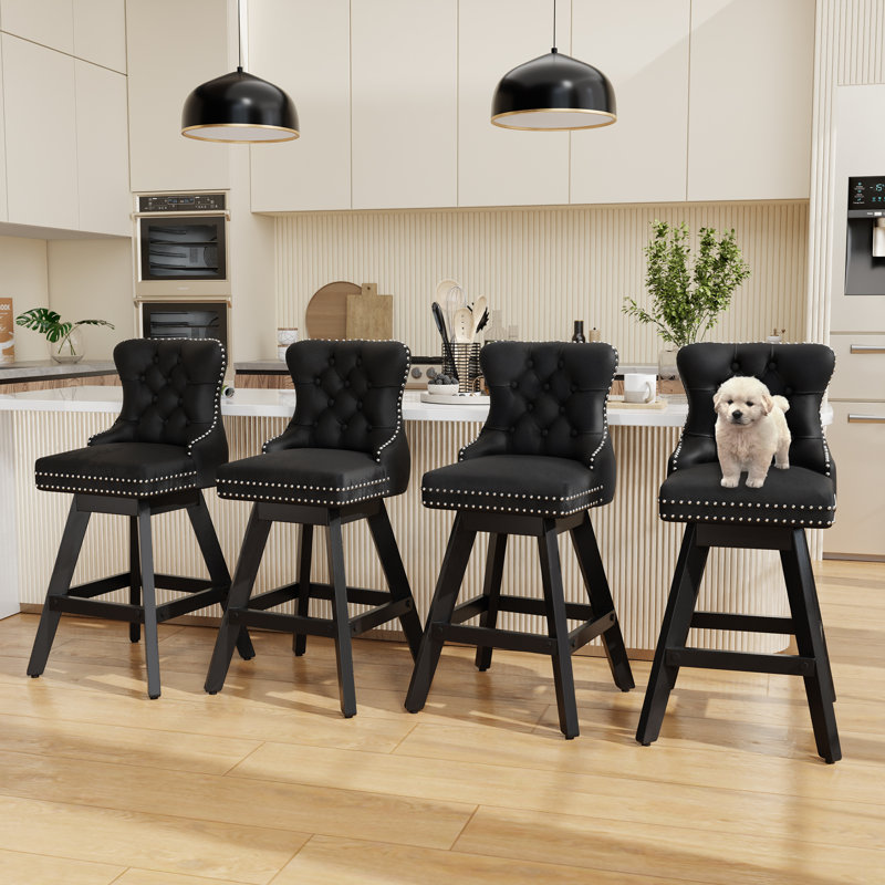 Ensemble de 4 tabourets de bar en bois touffeté et pivotant en velours, Noir, noir, noir, noir