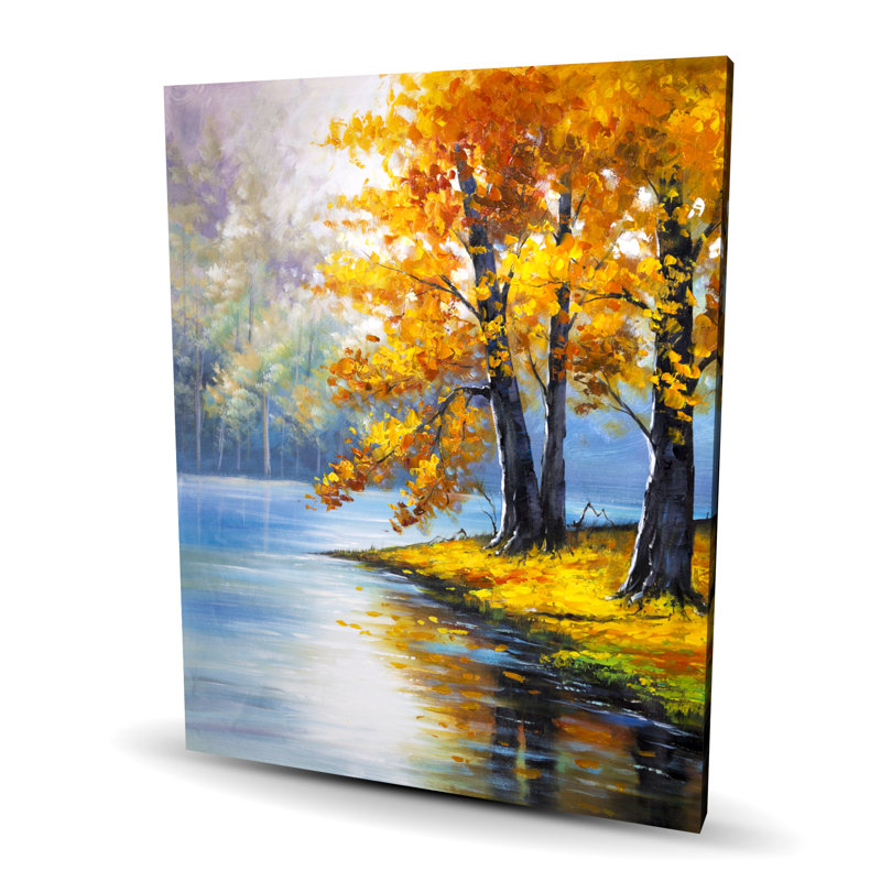 Deux arbres au bord du lac - Décoration de bureau en toile bleue, H 60 po x l 48 po