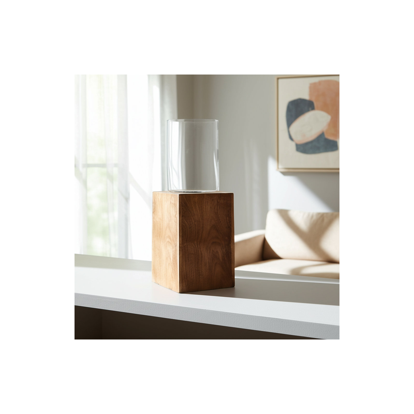 Faina Mango Wood & Glass Pillar Hurricane Lantern, 15" H x 6" W x 6" D