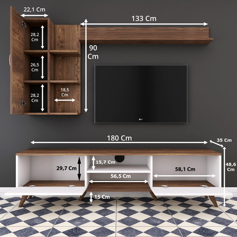 Husnu Entertainment Center for TVs up to 55", 1 TV Stands, 1 Shelf and 1 Single Door Cabinet, White/Walnut/Silver