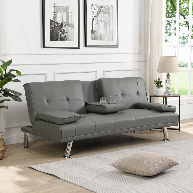 Sofa Bed With Armrest Two Holders WOOD FRAME, STAINLESS LEG, FUTON GREY PVC