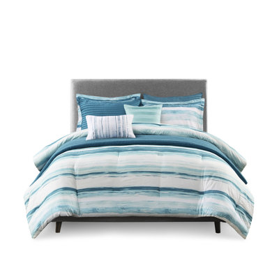 Printed Seersucker Comforter And Quilt - Watercolor Print 2 King Shams, 1 Bedding Collection King/ Channel Stitch Decorative Pillows