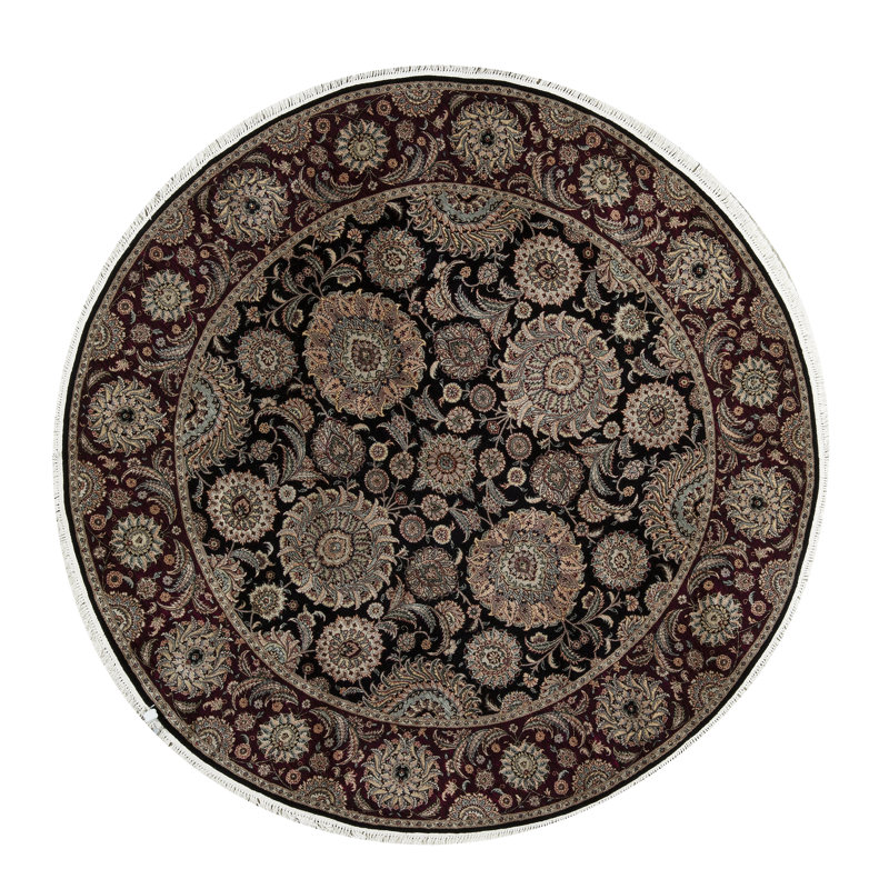 Tapis rond beige, noir et brun noué à la main de haute qualité