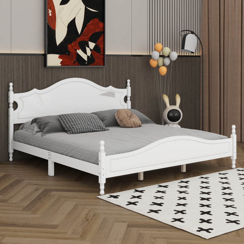 Lit plateforme rétro en bois avec tête de lit haute, base de lit en bois avec pieds robustes, aucun sommier requis, Blanc