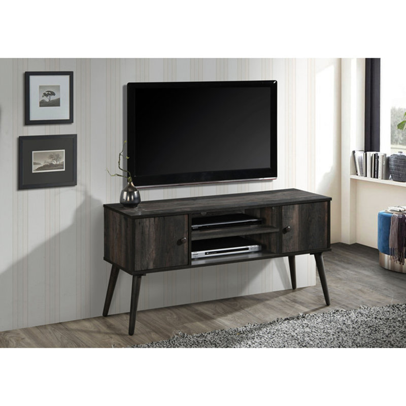 Meuble télé Mid-Century de 47 po avec téléviseur de 50 à 55 po, 2 tablettes et 2 armoires de rangement, Gris rétro