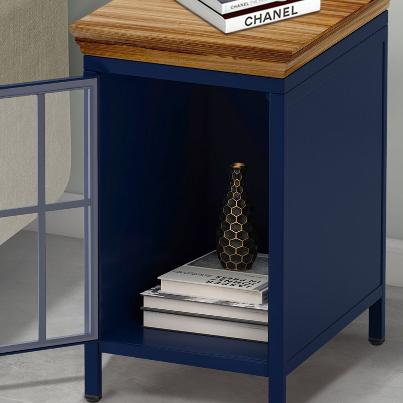 Table de chevet avec rangement et plateau de table en bois massif, Bleu