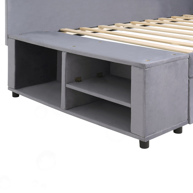 Twin size L-Shaped Upholstered Platform Bed with Storage and Drawers, Gray