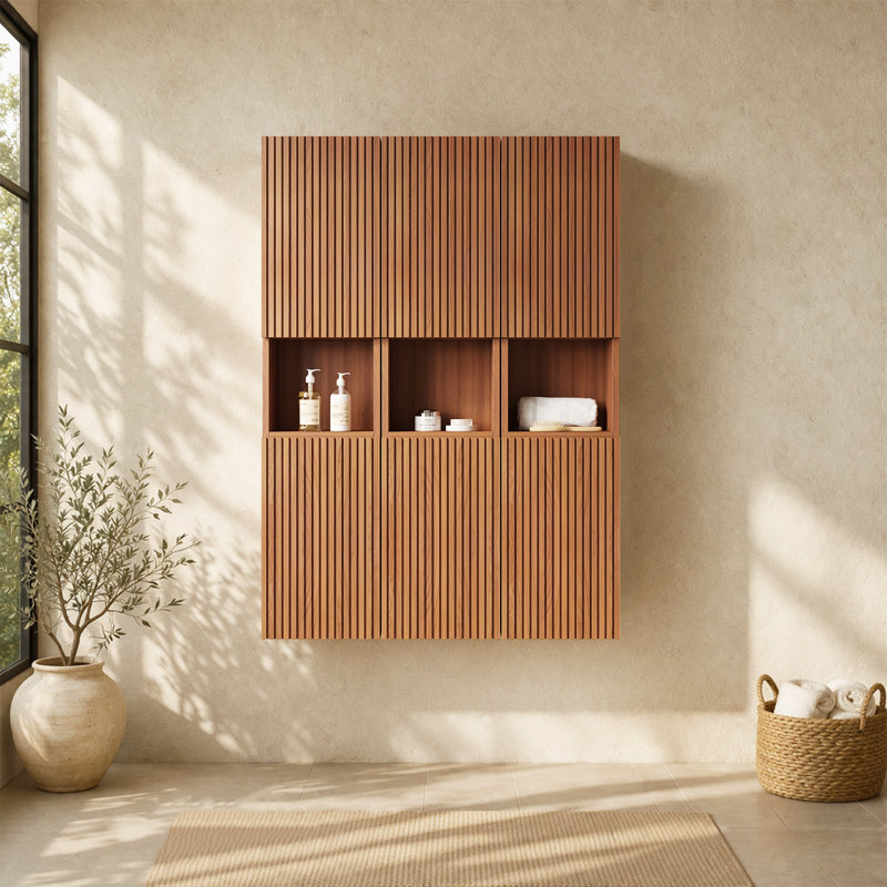 Modern 41" Wall-Mounted Walnut Bathroom Vanity,Open Solid Wood Slatted Storage Compartment With Shelf