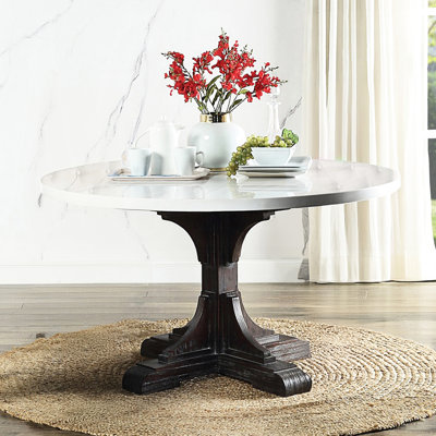 Round Dining Table With White Marble Top And Weathered Finish, Fixed Design, 38 Mm Thick, Pine Wood, Seats 4 For Room Artificial Top, Thickness, Wood Trestle Base,