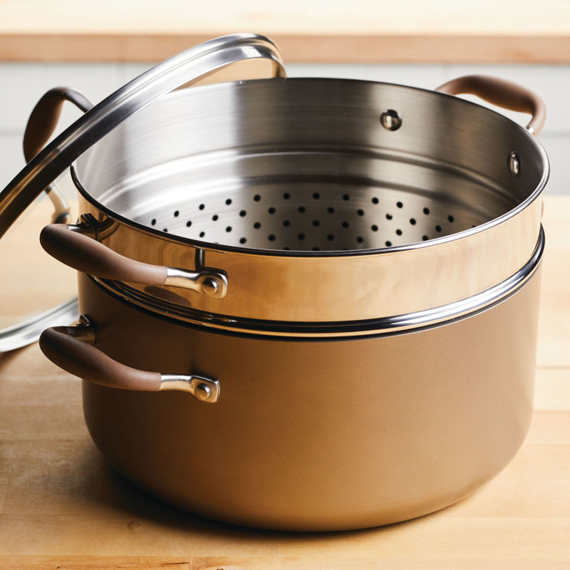 Anolon Advanced Home Hard Anodized Nonstick Wide Stockpot With Steamer Insert Set, 3-Piece,  8.5-Quart, Brown