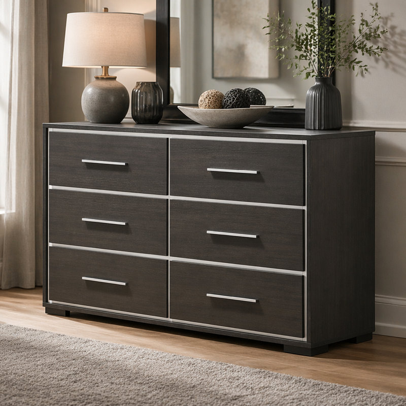 Mobilier de chambre à coucher 1 tiroir contemporain à 6 tiroirs avec détails chromés gris au fini rustique pour chambre à coucher