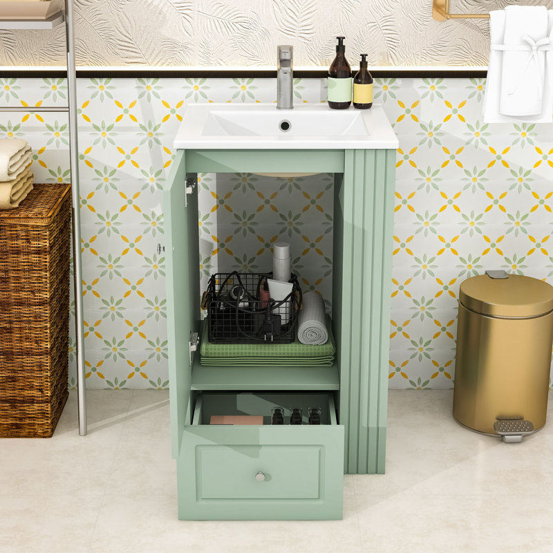 Compact Freestanding Vanity with Sink, Drawer and Open Shelves, Green