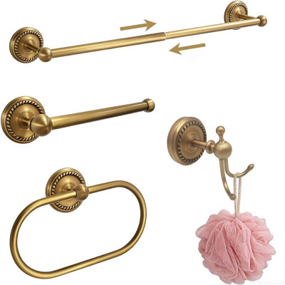 4-Piece Antique Brass Bathroom Hardware Set, Adjustable Towel Bar, Towel Ring, Toilet Paper Holder & Hook