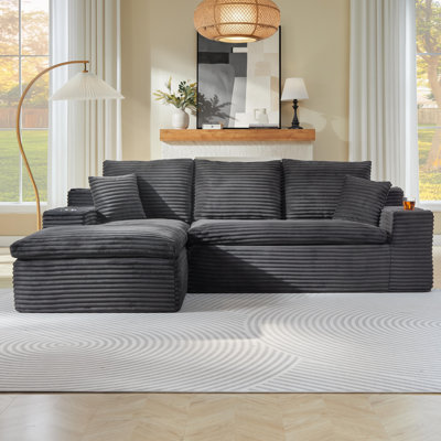 94.5" Corduroy Upholstered Modular Sofa, Compression Foam Bonless Sofa & Chaise with Cupholder and Side Pocket