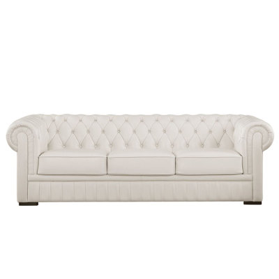 Turfted English Style White Genuine Leather 3-Seat Sofa