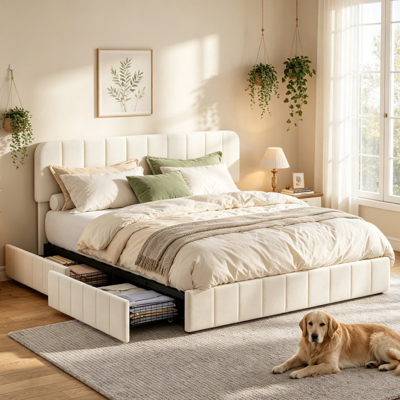 Structure de lit très grand avec tiroirs de rangement - Structure de lit tapissier en velours avec tête de lit réglable, support de lattes en bois, aucun sommier requis, assemblage facile, beige